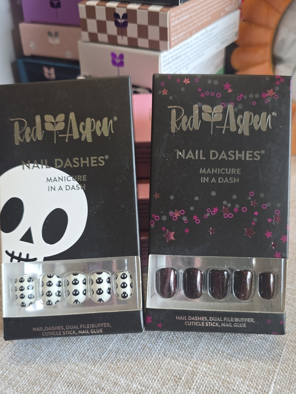 Red Aspen Nail Dashes - Black & White Skull And Witchy Burgundy Halloween Set